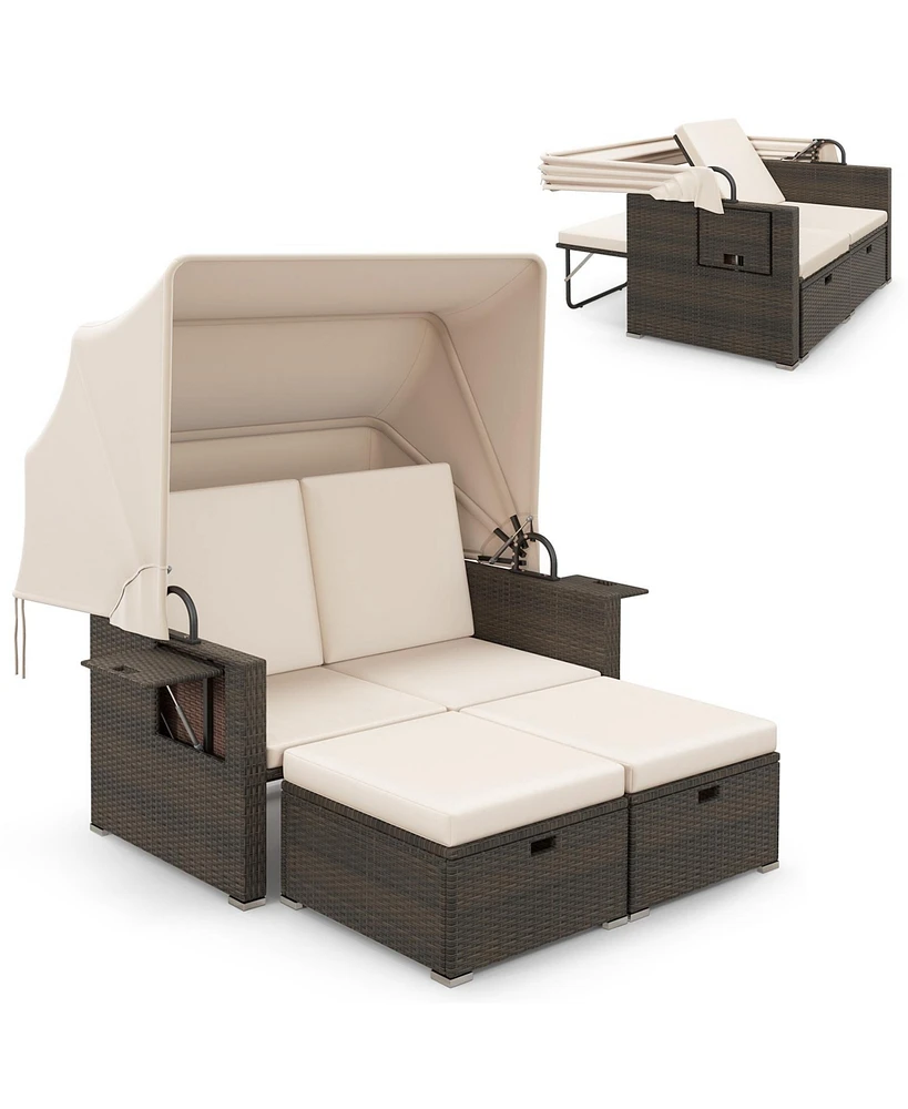 Outdoor Patio Rattan Daybed with Retractable Canopy and Adjustable Backrests