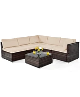 6 Pieces Patio Rattan Furniture Set with Cushions and Glass Coffee Table