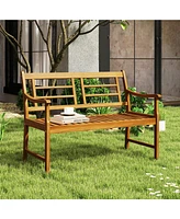 Patio Acacia Wood Bench with Curved Armrests Slatted Seat and Backrest