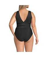 Lands' End Women's Plus Mesh Ribbed Plunge High Leg One Piece Swimsuit