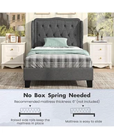 Twin Size Bed Frame with Button Tufted Wingback Headboard Wooden Slats Support