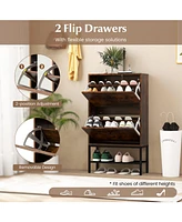 Industrial Shoe Storage Cabinet with 2 Flip Drawers and 1 Bottom Metal Shelf-Brown
