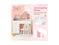 Kids Vanity Table and Chair Set with Cloud-Shaped Mirror and Open Shelf Cute Dressing Set for Toddlers