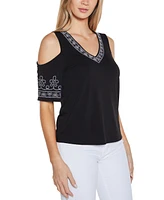 Belldini Women's Embroidered Cold-Shoulder Knit Top