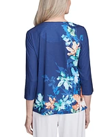 Alfred Dunner Petite Beaded Split-Neck Asymmetric-Floral Top