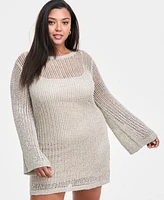 Bar Iii Trendy Plus Long-Sleeve Crochet Mini Dress, Exclusively at Macy's