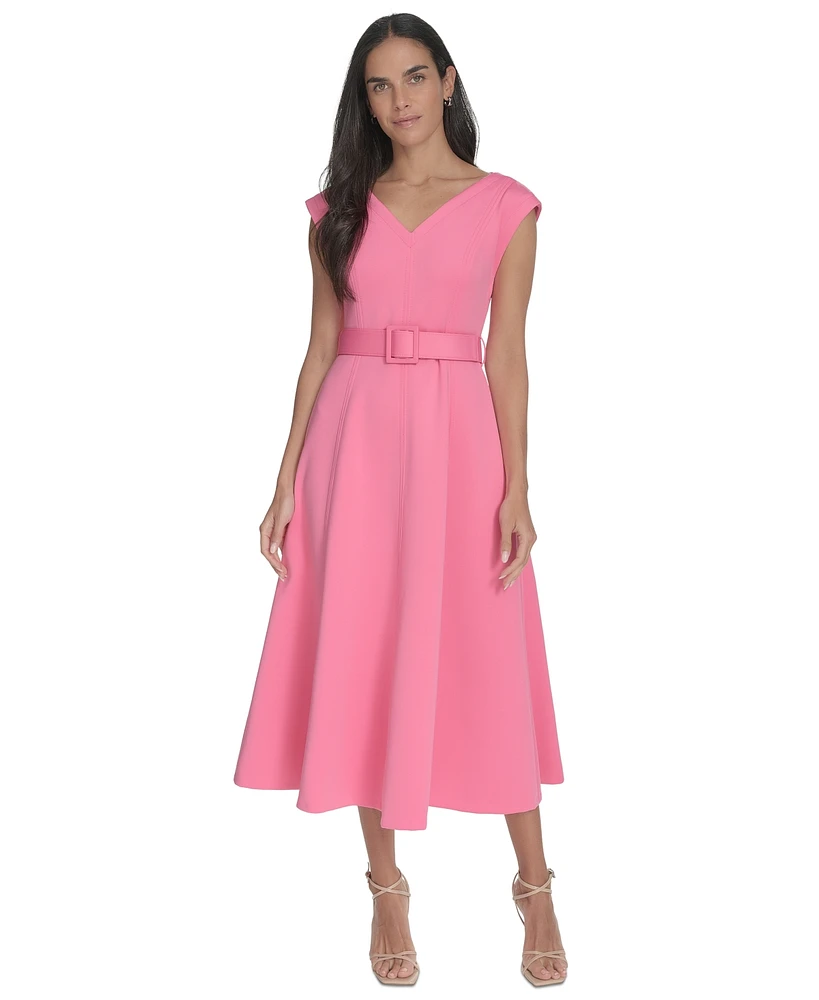 Calvin Klein Women's V-Neck Belted A-Line Scuba Dress