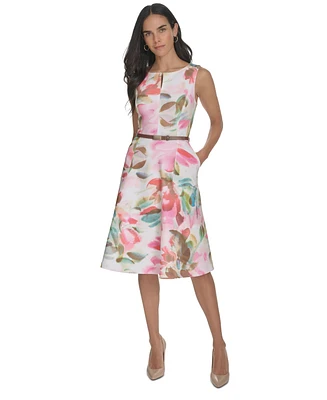 Calvin Klein Women's Floral Belted Jewel-Neck A-Line Dress
