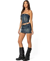 Edikted Womens Guinevere Zip Washed Denim Mini Skirt