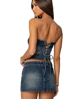 Edikted Womens Guinevere Zip Washed Denim Corset