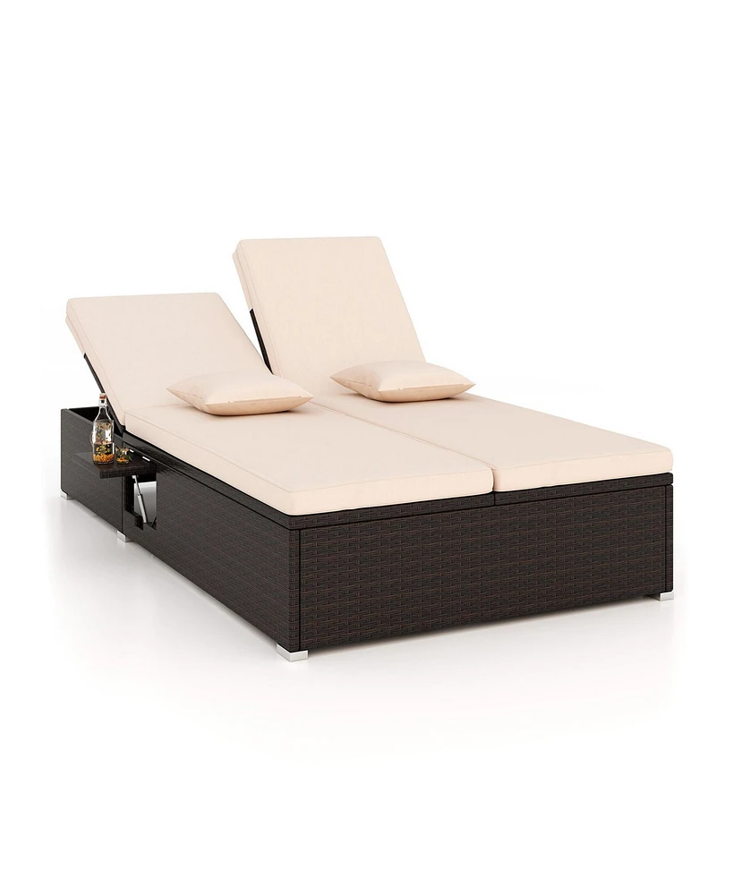 Patio Double Chaise Lounge with Cushions and Folding Side Trays