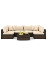 7 Pieces Patio Rattan Furniture Set with Sectional Sofa Cushions