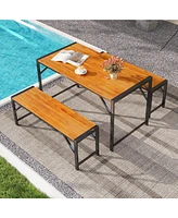 3 Pieces Patio Dining Set with Acacia Wood Dining Table and 2 Benches