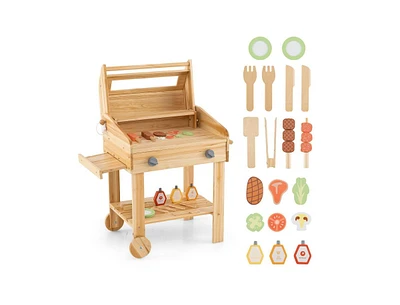 Kids Wooden Barbecue Grill Playset Pretend Kitchen with Food and Wheels