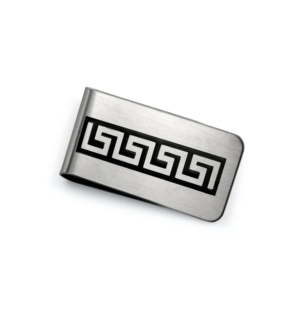 Bling Jewelry Two Tone Black Enamel Greek Key Money Clip for Men Stainless Steel Card Holder