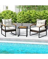 Gymax 3PCS Patio Wicker Furniture Set Pe Wicker Furniture Conversation Set w/ Acacia Wood Table