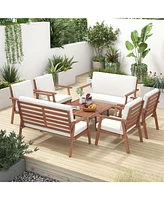 Gymax 8PCS Conversation Set Acacia Wood Sofa Coffee Table w/ Cushioned Seat Patio