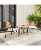 Gymax 3 Pcs Acacia Wood Bistro Set Patio Conversation Set w/ Cushions and Coffee Table