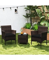 Gymax 3 Pcs Outdoor Conversation Set w/ Cushioned Seat & Tempered Glass Tabletop