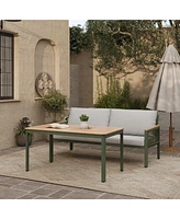 LuxenHome Outdoor Aluminum with Wood-Style Plastic Loveseat Sofa with Cushions and Coffee Table Set