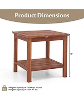 Set of 2 Double-Tier Acacia Wood Patio Side Table with Slatted Tabletop and Shelf
