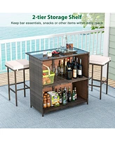 3 Pcs Patio Bar Set with Tempered Glass Tabletop