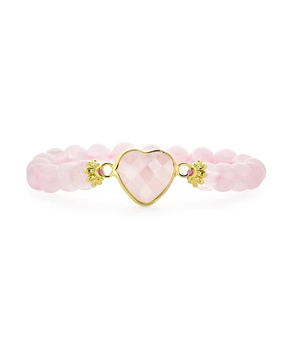 Bling Jewelry Romantic Handmade Natural Rose Quartz Stacking Stretch Bracelet with Heart Charm