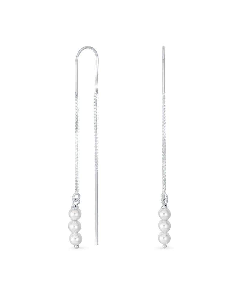 Bling Jewelry Minimalist Long Wire Hook Dangle Earrings with Three Simulated White Pearls Sterling Silver