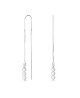 Bling Jewelry Minimalist Long Wire Hook Dangle Earrings with Three Simulated White Pearls Sterling Silver