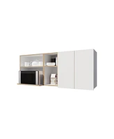 Fm Furniture Wall-Mounted Kitchen Cabinet with Microwave Space, Open Shelves, and Double Doors – Natural Oak and White