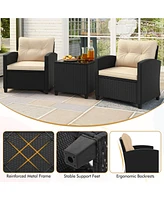 3 Pcs Patio Furniture Set with Tempered Glass Coffee Table Washable Cushions