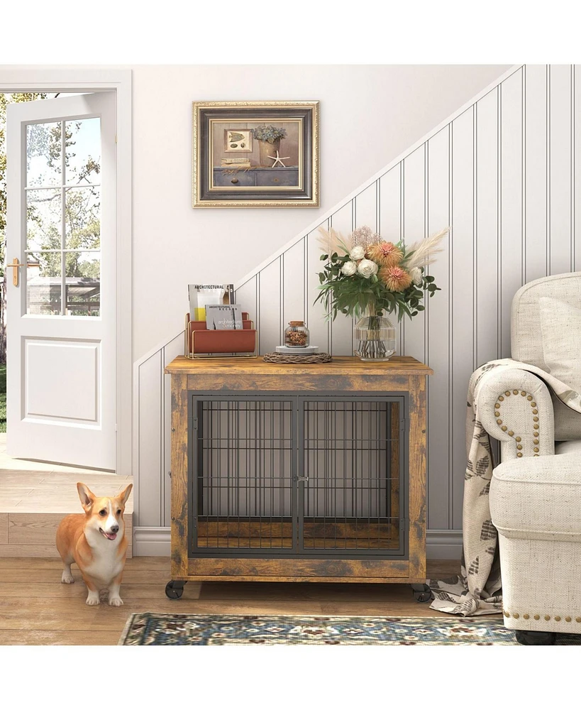 Furniture Style Dog Crate Side Table on Wheels with Double Doors and Lift Top. Rustic Brown