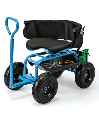 Rolling Garden Cart Height Adjustable Scooter with Swivel Seat & Tool Storage