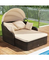 Patio Pe Rattan Daybed with Retractable Canopy and Soft Cushions