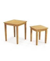 2 Pieces Space Saving Design Teak Wood Outdoor Patio Nesting Table