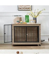 Furniture Style Dog Crate Side Table With Rotatable Feeding Bowl, Wheels, Three Doors, Flip-Up Top Opening. Indoor, Grey
