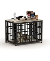 Furniture style dog crate wrought iron frame door with side openings, Rustic Brown