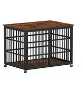 Furniture style dog crate wrought iron frame door with side openings, Rustic Brown