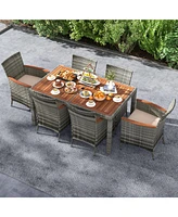 7 Pieces Patio Acacia Wood Cushioned Pe Rattan Wicker Dining Set