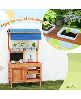 Wooden Pretend Play Kitchen with Height Adjustable Canopy for Kids