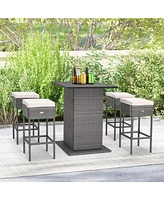 5 Pieces Outdoor Wicker Bar Table Set with Hidden Storage Shelves