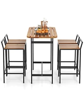 5 Piece Acacia Wood Bar Table Set Bar Height Table and Chairs with Metal Frame and Footrest