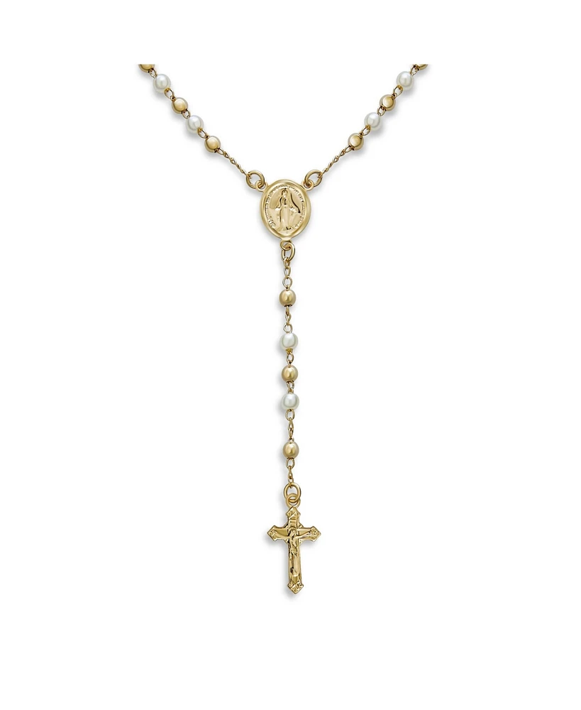 Bling Jewelry Dainty White Pearl Virgin Mary Rosary Necklace with Crucifix Gold Plated