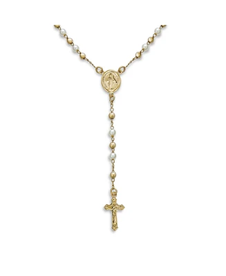 Bling Jewelry Dainty White Pearl Virgin Mary Rosary Necklace with Crucifix Gold Plated