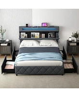 Bed Frame with Adjustable Storage Headboard and Wooden Slat Support