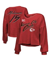 Majestic Women's Patrick Mahomes Red Kansas City Chiefs Super Bowl Lix Name Number Off-Shoulder Script Long Sleeve V-Neck T-Shirt