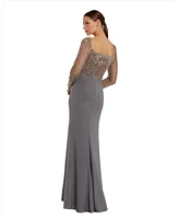 Women's Beaded Square Neck Long Sleeve Jersey Gown