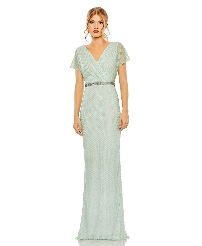 Women's Short Sleeve Beaded V-Neck Gown