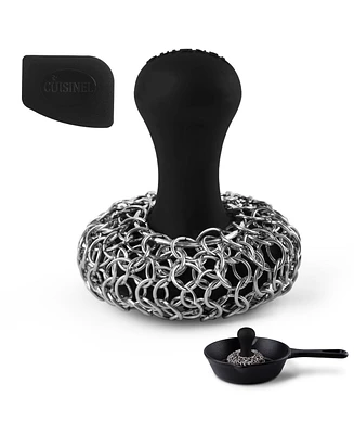 Cuisinel Cast Iron Chainmail Scrubber + Pan Scraper - Ergonomic Design Stainless/Silicone Cleaner for Pots & Skillets