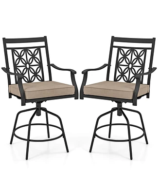 Outdoor 360°Swivel Bar Stools Set of 2 with Seat Cushions High Back & Armrests